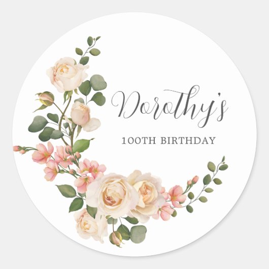 Rustic Ivory White Floral 100e verjaardag Ronde Sticker (Voorkant)