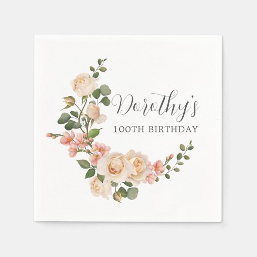 Rustic Ivory White Floral 100e verjaardag Servet (Voorkant)