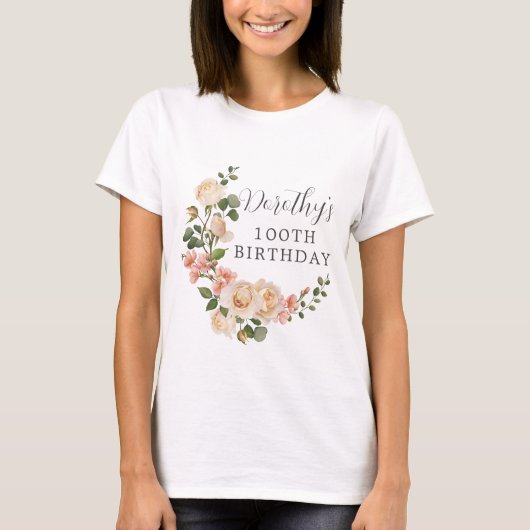 Rustic Ivory White Floral 100th Birthday Gift T-shirt (Voorkant)