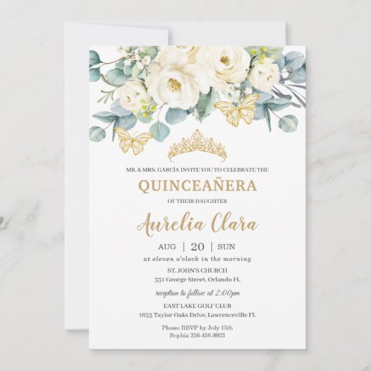Rustic Ivory White Floral Eucalyptus Quinceañera Kaart (Voorkant)