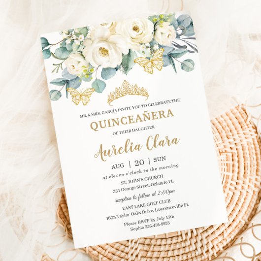 Rustic Ivory White Floral Eucalyptus Quinceañera Kaart
