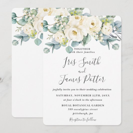 Rustic Ivory White Floral Roos Eucalyptus Wedding Kaart (Voorkant / Achterkant)