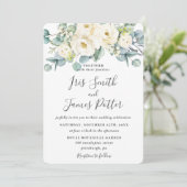 Rustic Ivory White Floral Roos Eucalyptus Wedding Kaart (Staand voorkant)