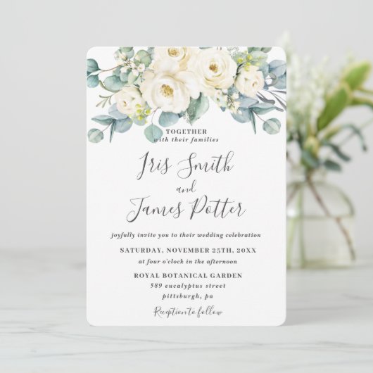 Rustic Ivory White Floral Roos Eucalyptus Wedding Kaart (Staand voorkant)