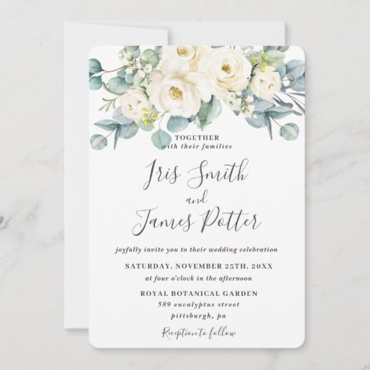 Rustic Ivory White Floral Roos Eucalyptus Wedding Kaart (Voorkant)