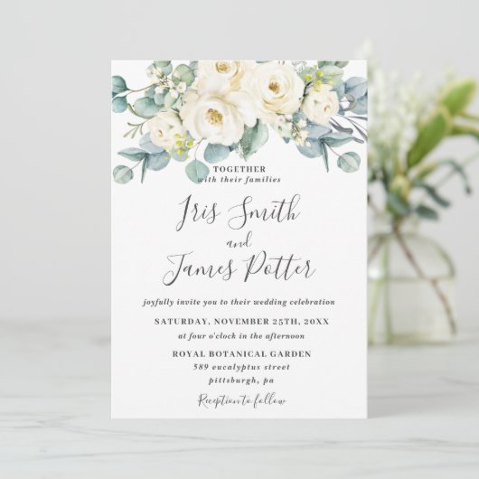 Rustic Ivory White Floral Roos Eucalyptus Wedding Kaart (Staand voorkant)