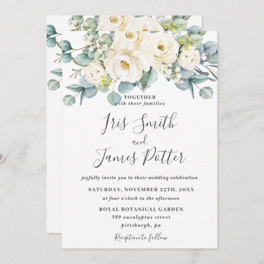 Rustic Ivory White Floral Roos Eucalyptus Wedding Kaart (Voorkant / Achterkant)