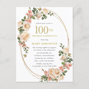 Rustic Ivory White Rose 100e verjaardag Uitnodiging Briefkaart