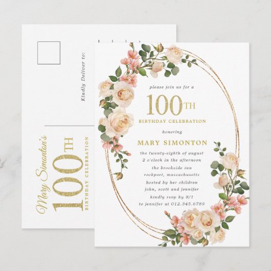 Rustic Ivory White Rose 100e verjaardag Uitnodiging Briefkaart (Voorkant / Achterkant)