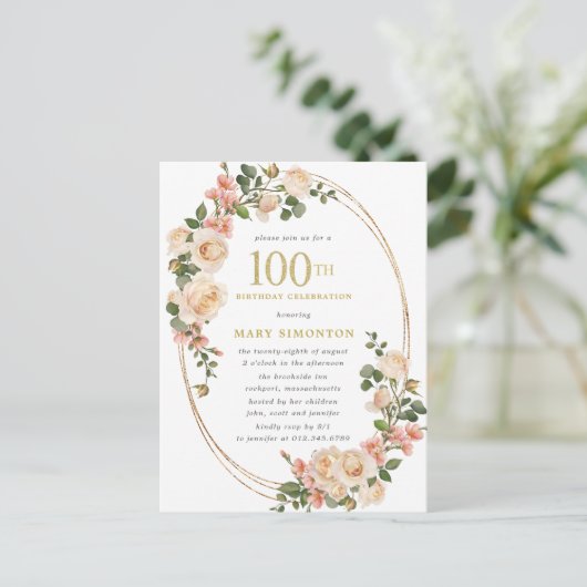 Rustic Ivory White Rose 100e verjaardag Uitnodiging Briefkaart (Staand voorkant)