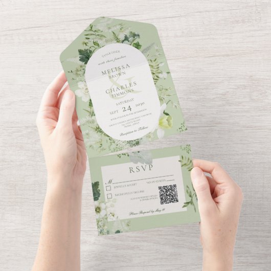 Rustic Ivy Ferns & Greenery Sage Green QR Code All In One Uitnodiging (Afscheurbaar)