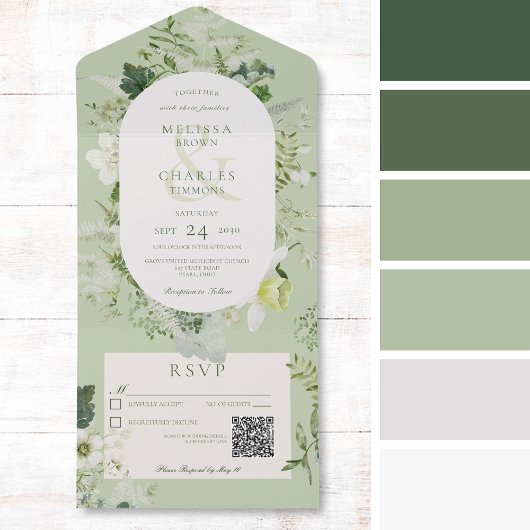 Rustic Ivy Ferns & Greenery Sage Green QR Code All In One Uitnodiging