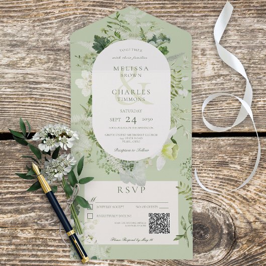Rustic Ivy Ferns & Greenery Sage Green QR Code All In One Uitnodiging