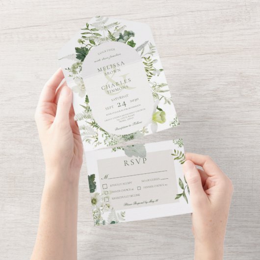 Rustic Ivy Ferns & Greenery White Dinner All In One Uitnodiging (Afscheurbaar)