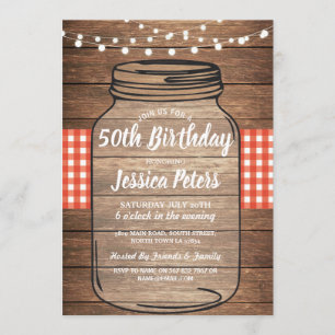 Rustic Jar Birthday Party Wood Red Gingham Kaart