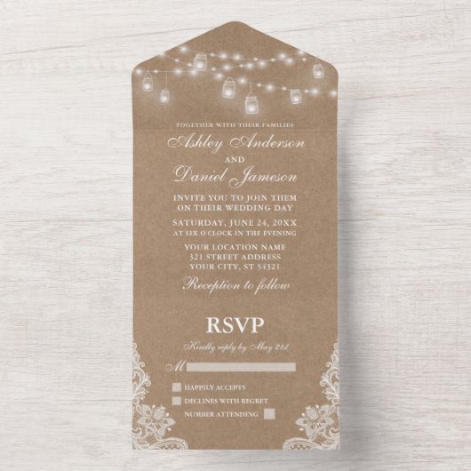 Rustic Jar Lights Lace Wedding Kraft All In One Uitnodiging (Binnen)