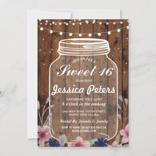 Rustic Jar Sweet 16 Party Wood Floral Invite Kaart (Voorkant)