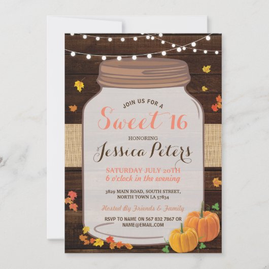Rustic Jar Sweet 16 Party Wood Pumpkin Invite Kaart (Voorkant)