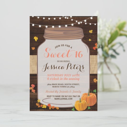 Rustic Jar Sweet 16 Party Wood Pumpkin Invite Kaart (Staand voorkant)