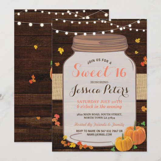 Rustic Jar Sweet 16 Party Wood Pumpkin Invite Kaart (Voorkant / Achterkant)