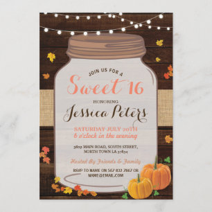 Rustic Jar Sweet 16 Party Wood Pumpkin Invite Kaart