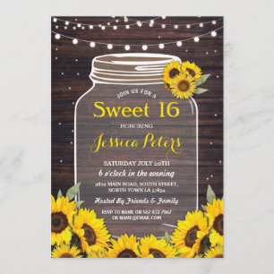 Rustic Jar Sweet 16 Party Wood Sunflower Fireflies Kaart