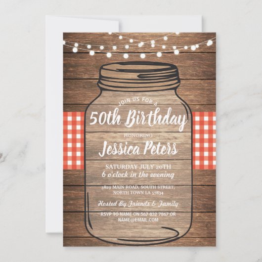Rustic Jar Verjaardagsfeest Wood Red Gingham Kaart (Voorkant)