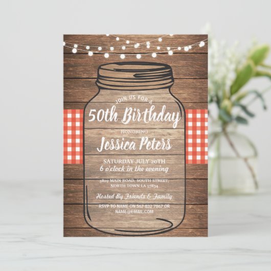 Rustic Jar Verjaardagsfeest Wood Red Gingham Kaart (Staand voorkant)