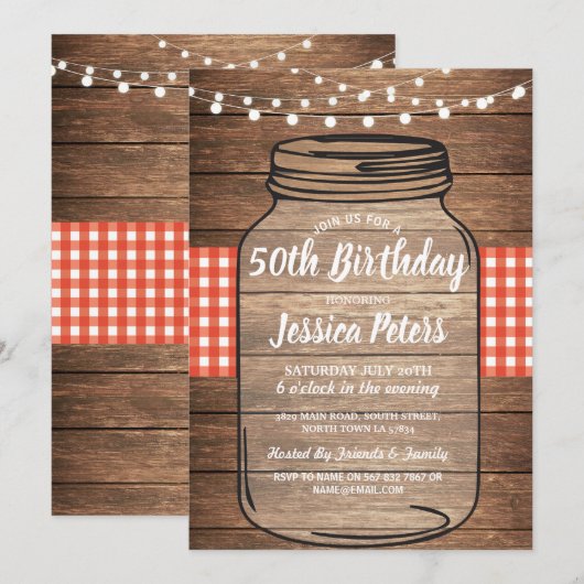 Rustic Jar Verjaardagsfeest Wood Red Gingham Kaart (Voorkant / Achterkant)