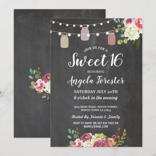 Rustic Jars Sweet 16 Party Chalk Floral Lights Kaart (Voorkant / Achterkant)