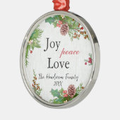 Rustic Joy Peace Love-kerstfamilie Metalen Ornament (Links)