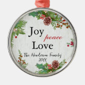 Rustic Joy Peace Love-kerstfamilie Metalen Ornament (Voorkant)