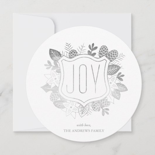 Rustic Joy Round Faux Silver Foil Holiday Card Feestdagenkaart (Voorkant)