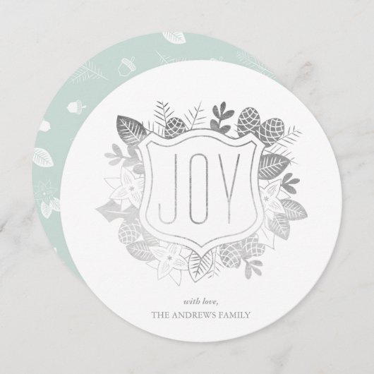 Rustic Joy Round Faux Silver Foil Holiday Card Feestdagenkaart (Voorkant / Achterkant)