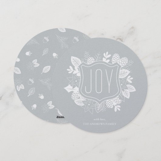 Rustic Joy Round Shimmer Silver Holiday-kaart Feestdagenkaart (Voorkant / Achterkant)