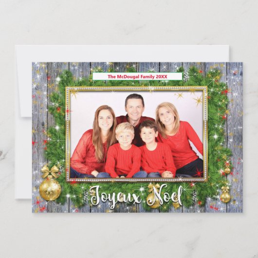 Rustic Joyeux Noel French Kerstmis Wreatfoto Feestdagenkaart (Voorkant)