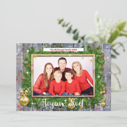 Rustic Joyeux Noel French Kerstmis Wreatfoto Feestdagenkaart (Staand voorkant)