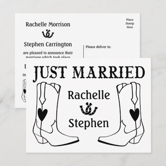 Rustic Just Married Wedding Western Land Black Aankondigingskaart (Voorkant / Achterkant)