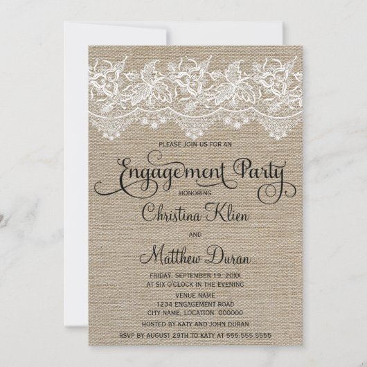Rustic Jute and Lace Engagement Party Kaart (Voorkant)