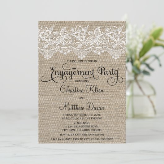 Rustic Jute and Lace Engagement Party Kaart (Staand voorkant)