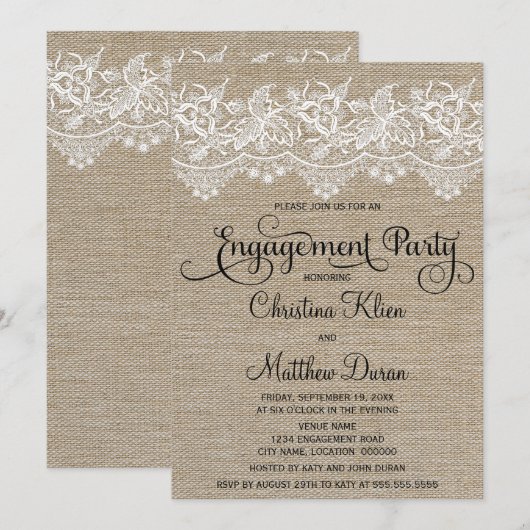 Rustic Jute and Lace Engagement Party Kaart (Voorkant / Achterkant)