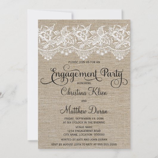 Rustic Jute and Lace Engagement Party Kaart (Voorkant)