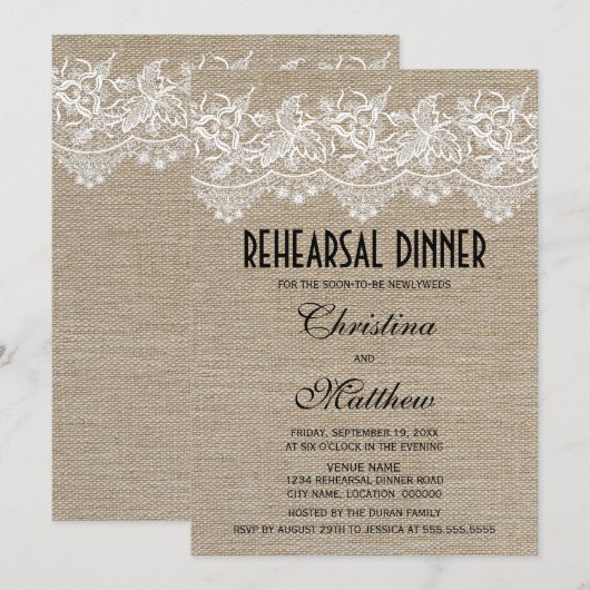 Rustic Jute and Lace Rehearsal Dinner Kaart (Voorkant / Achterkant)