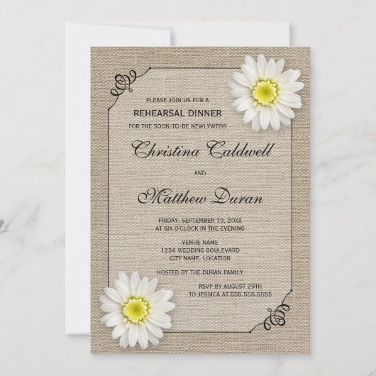 Rustic Jute and White Daisy Rehearsal Dinner Kaart (Voorkant)