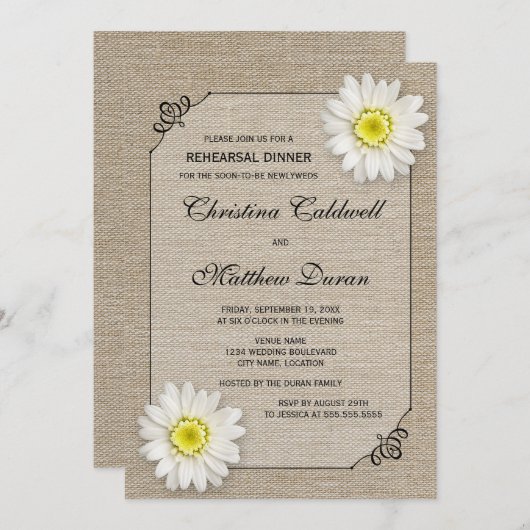 Rustic Jute and White Daisy Rehearsal Dinner Kaart (Voorkant / Achterkant)