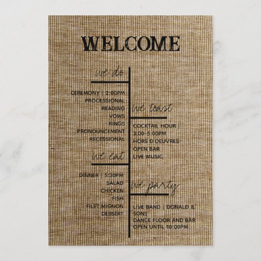 Rustic Jute Bruiloftsprogramma – Gepersonaliseerd Programmakaart (Achterkant)