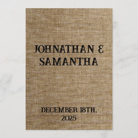Rustic Jute Bruiloftsprogramma – Gepersonaliseerd Programmakaart (Voorkant)