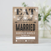 Rustic Jute Eat Drink en getrouwd RSVP Kaartje (Staand voorkant)