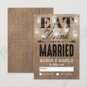 Rustic Jute Eat Drink en getrouwd RSVP Kaartje (Voorkant / Achterkant)