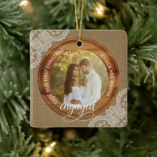 Rustic jute en kant Eerste kerst verloofd Keramisch Ornament